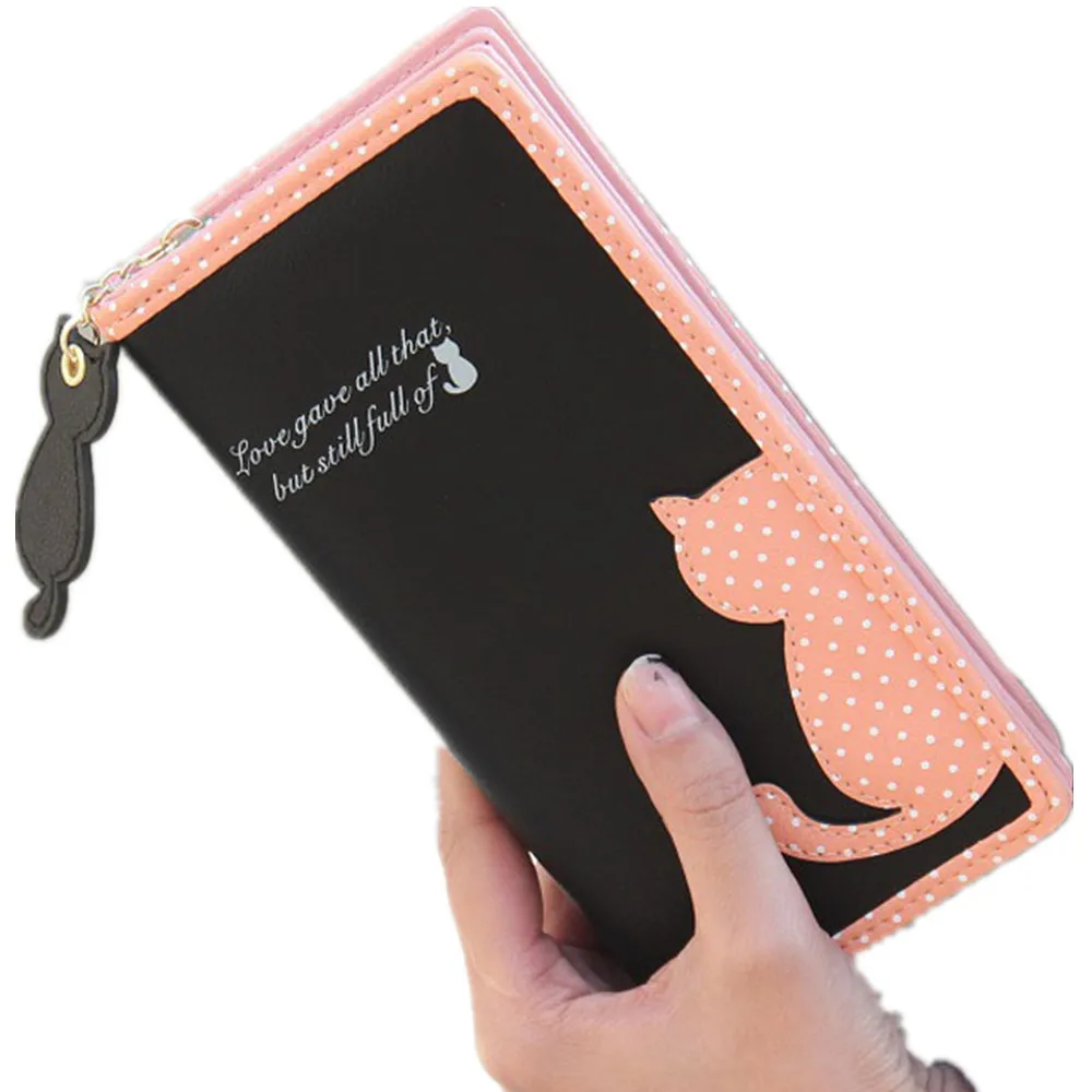 Мужской кожаный кошелек модный новый женский с кошкой длинный сумки