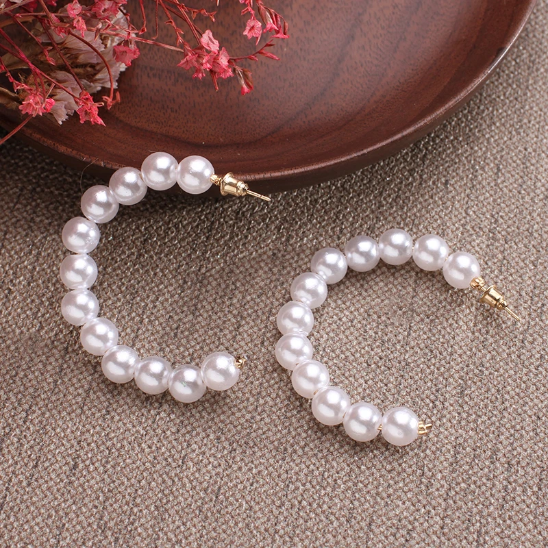 

New white boho imitation pearl round circle hoop earrings female gold color big earrings korean jewelry statement earrings
