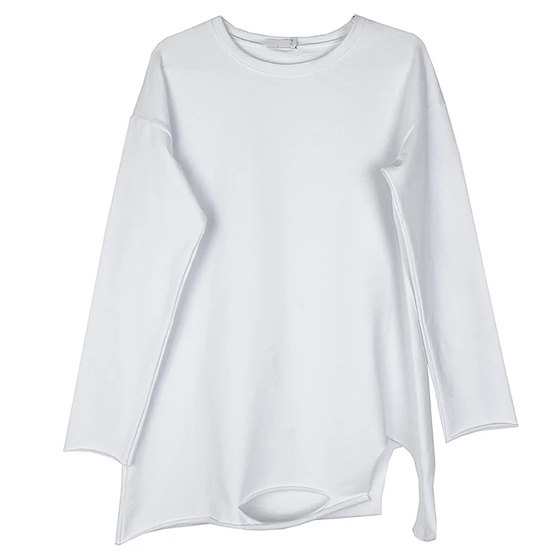 

Irregular Big Women Size Holes Hem Long T-shirt New Round Neck Long Sleeve Fashion Tide Spring Autumn 2021 1DD2984