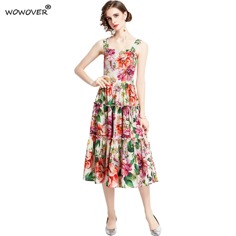 

Женское модельное дизайнерское платье миди на бретелях-спагетти с цветочным принтом, летнее шикарное праздничное платье с открытой спиной