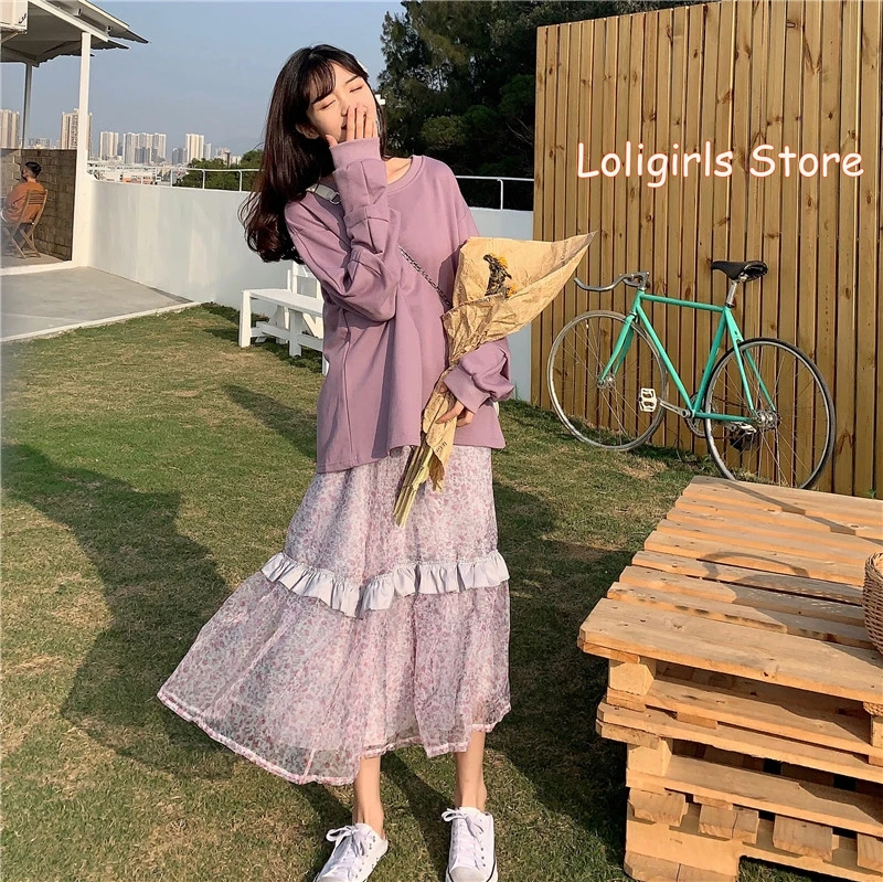 Осень 2020 новинка свободная юбка в сеточку с цветочным принтом милая толстовка