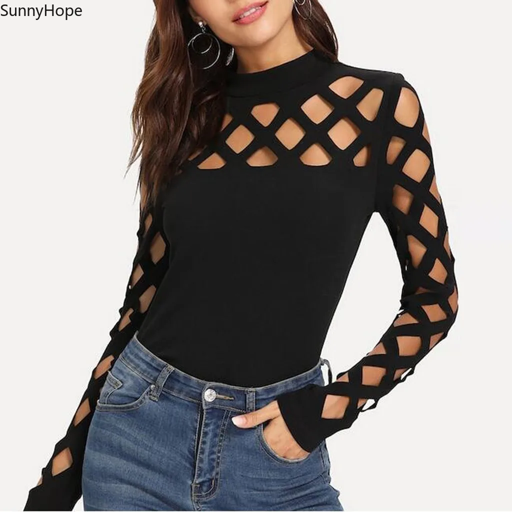 

Women Elegant Streetwear T-shirt Sexy tShirt Hollow Out Tops Fitted Skinny T-shirt Ropa Mujer
