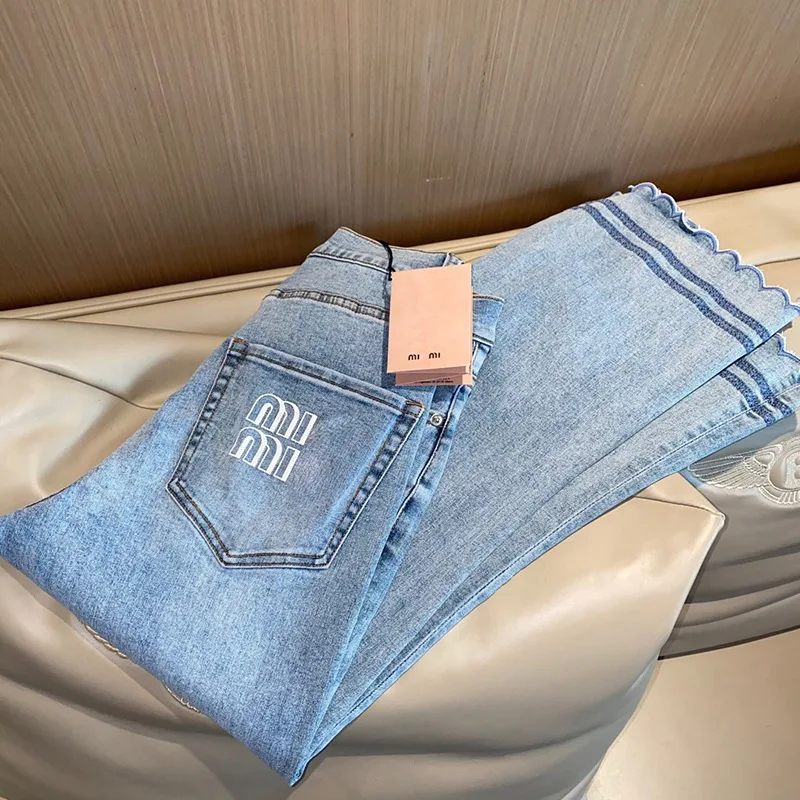 

Летние новые джинсы Miu21 с кружевной вышивкой для девушек тонкие, мягкие, слегка эластичные, женские расклешенные брюки