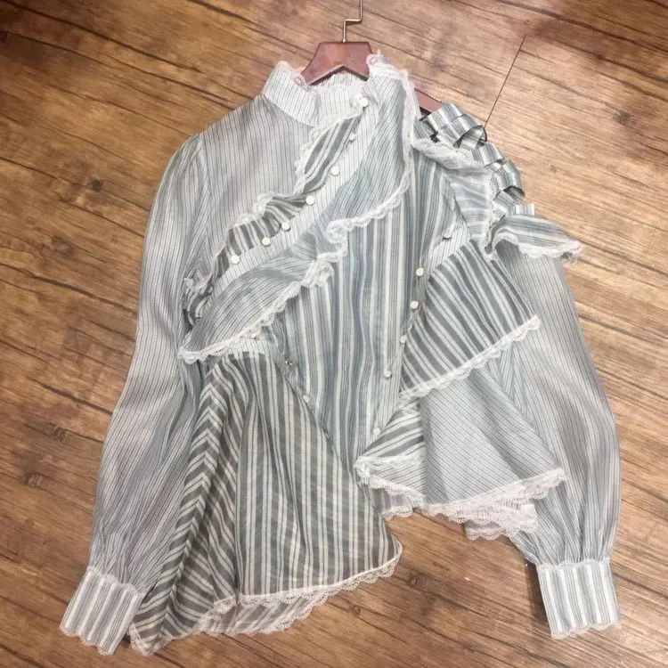 

New Spring fashion style elegant temperament falbala splicing stripe long sleeve shirt frock Blouses & Shirts