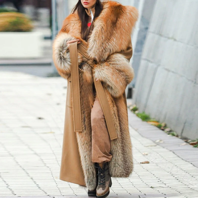 Sungtin Winter Warm Long Faux Fox Fur Coat Women with Belt Collar Lapel Casual Thick Jacket Female 5XL Fashion Clothing Chic | Женская