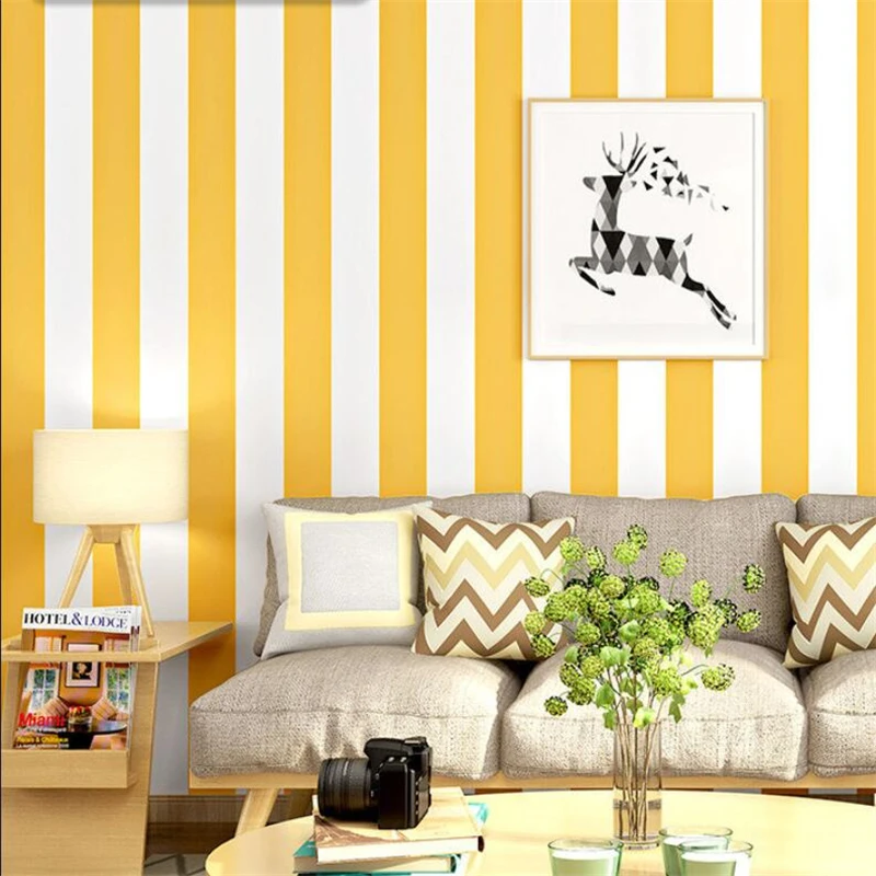 wellyu обои Vertical stripes wallpaper warm yellow modern decoration net red milk tea shop with casual fresh creative wall paper |