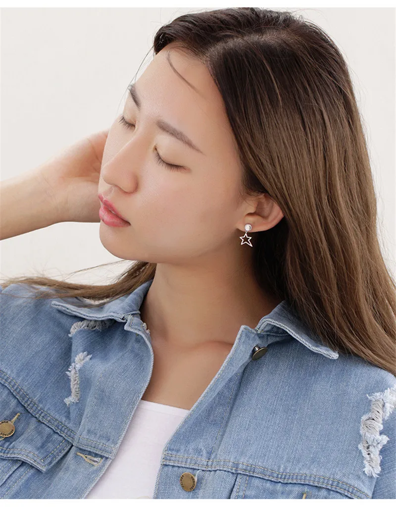

Korean Style Anti Allergy Asymmetry Design Geometric Earrings 925 Silver Girls Hollow Five-pointed Star Circle Charm Earrings