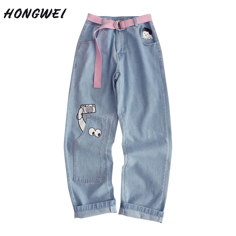 Харадзюку джинсовые широкие брюки японский Kpop Kawaii принты весна лето Femme милые