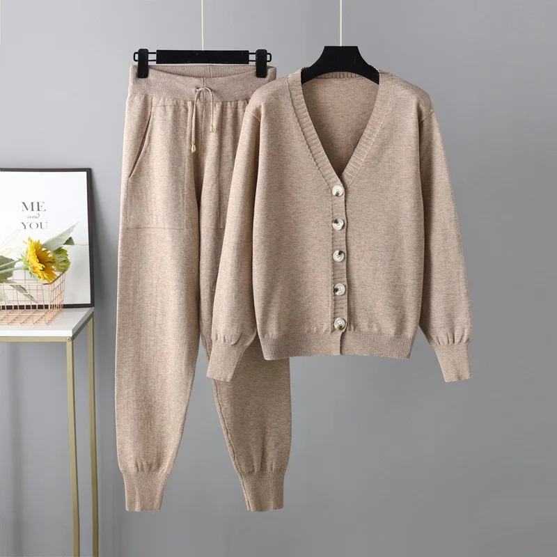 

2 Pieces Set Women Knitted Tracksuit Spring Autumn Cardigan Long Sleeve Sweater + Knitted Harem Pants Fashion Two Pieces Sets