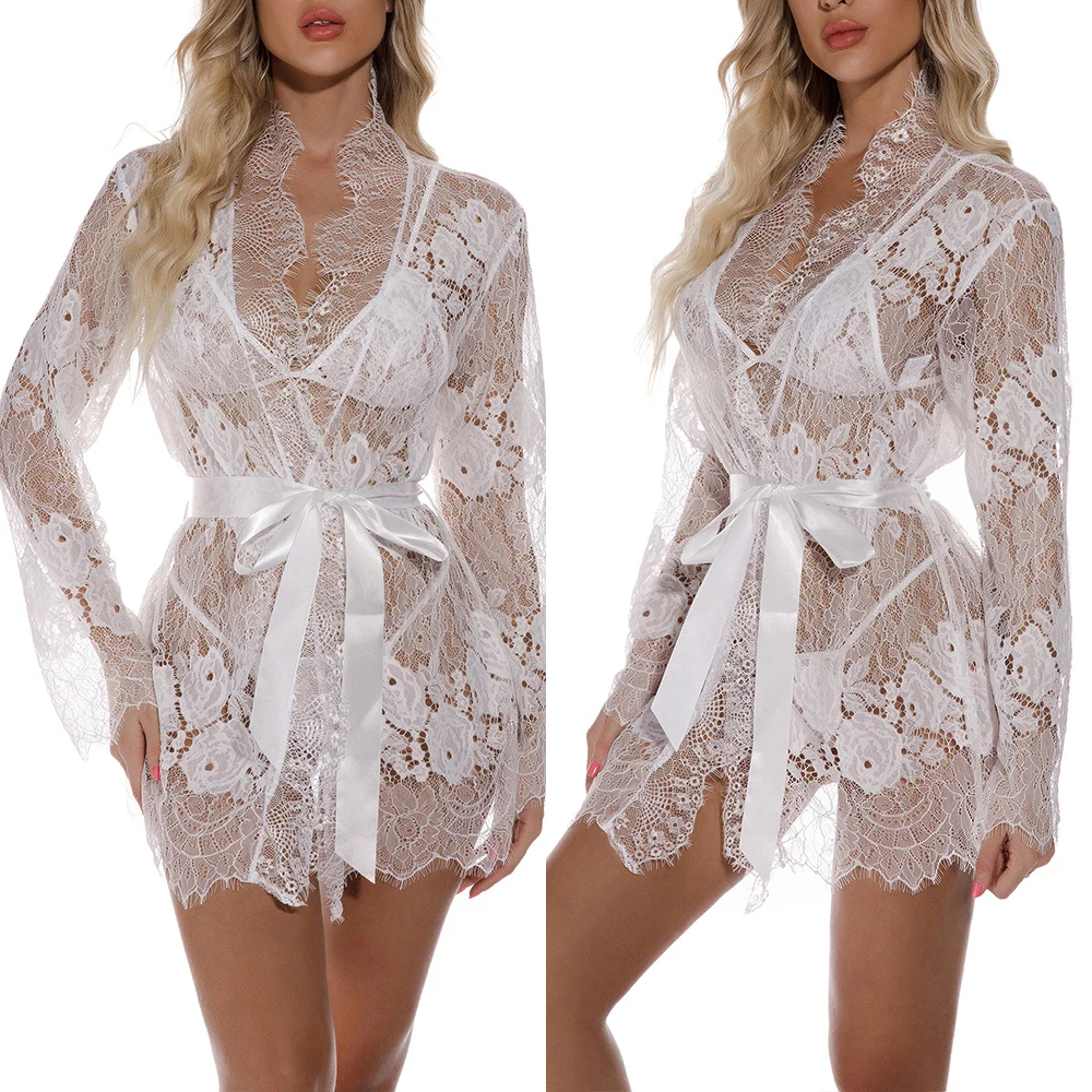 

Прозрачная Пижама, однотонные белые женские сексуальные кружевные комплекты нижнего белья