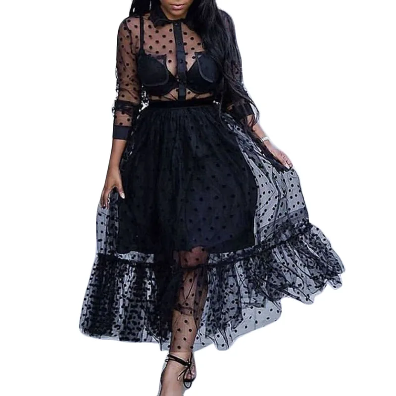 

Women Mesh 2 Pieces Set Black Polka Dot See Through Transparent Shirts Tops Tulle Skirts with Lining Dress for Dated Party
