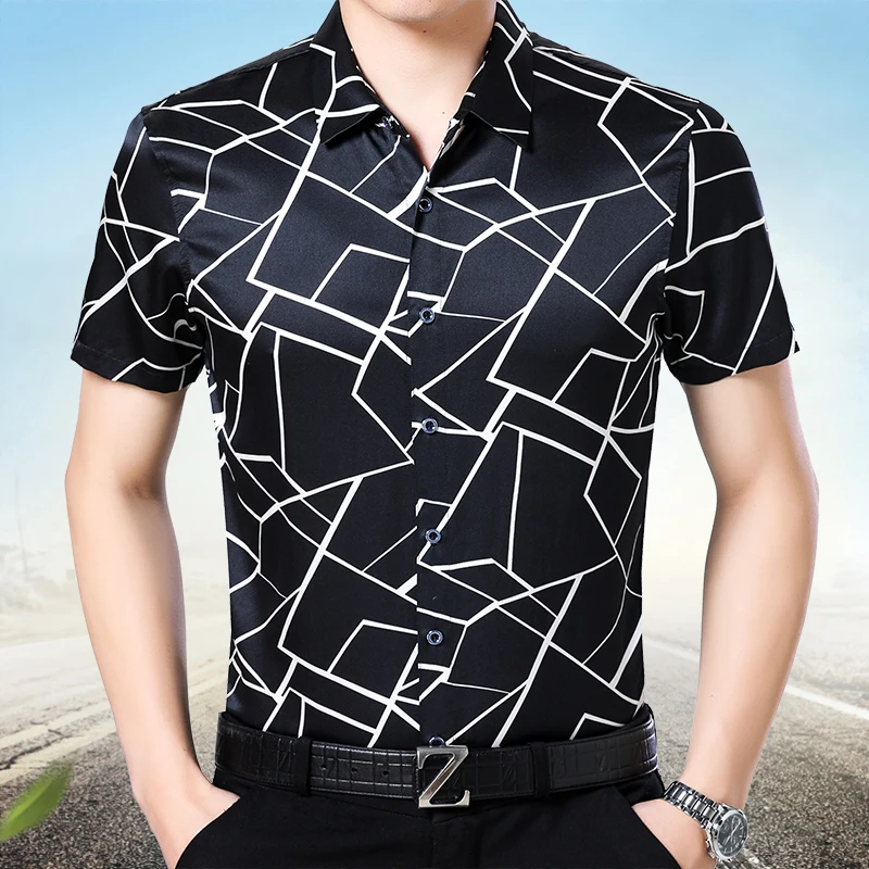 

High Quality Male 100% Silk Shirts Summer Stripes Man Silk Clothes Short Sleeve Casual Cool Soft Silk Dress Shirt Free Shipping