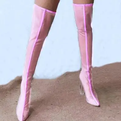 pink Новые сетчатые неоновые зеленые сандалии; женские модные ботфорты; прозрачная обувь с острым носком; летние гетры до бедра - Цвет: pink