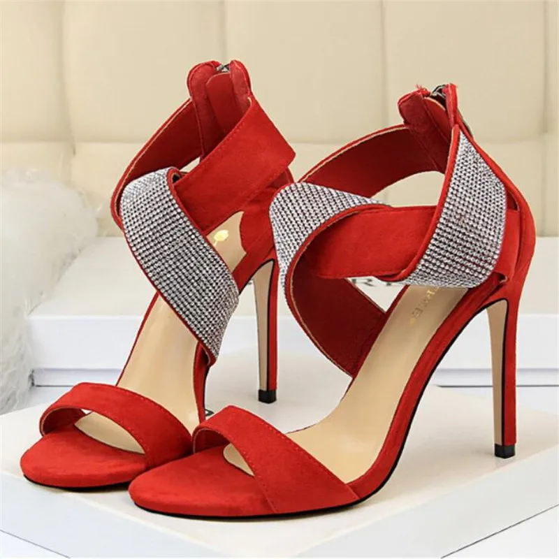 

2021 new women's sandals sexy suede cross rhinestone women's shoes wedding shoes 10CM stiletto heels 3-8 9 MAIERNISI