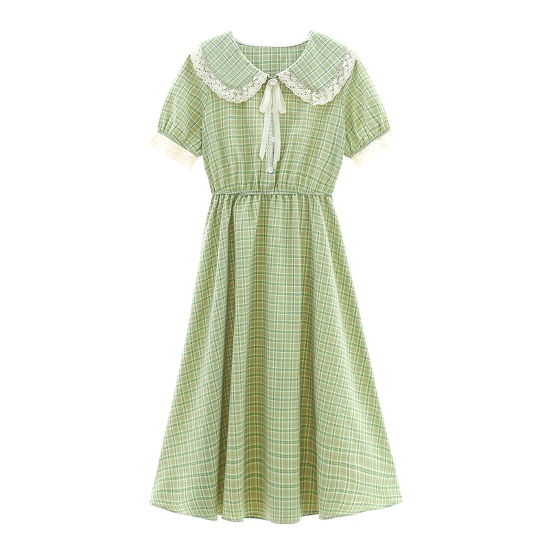 

Japanese Mori Girl Summer Women Plaid A-Line Dress Lace Collar Pink High Waist Female Robe Vintage Elegant Cotton Party Dress