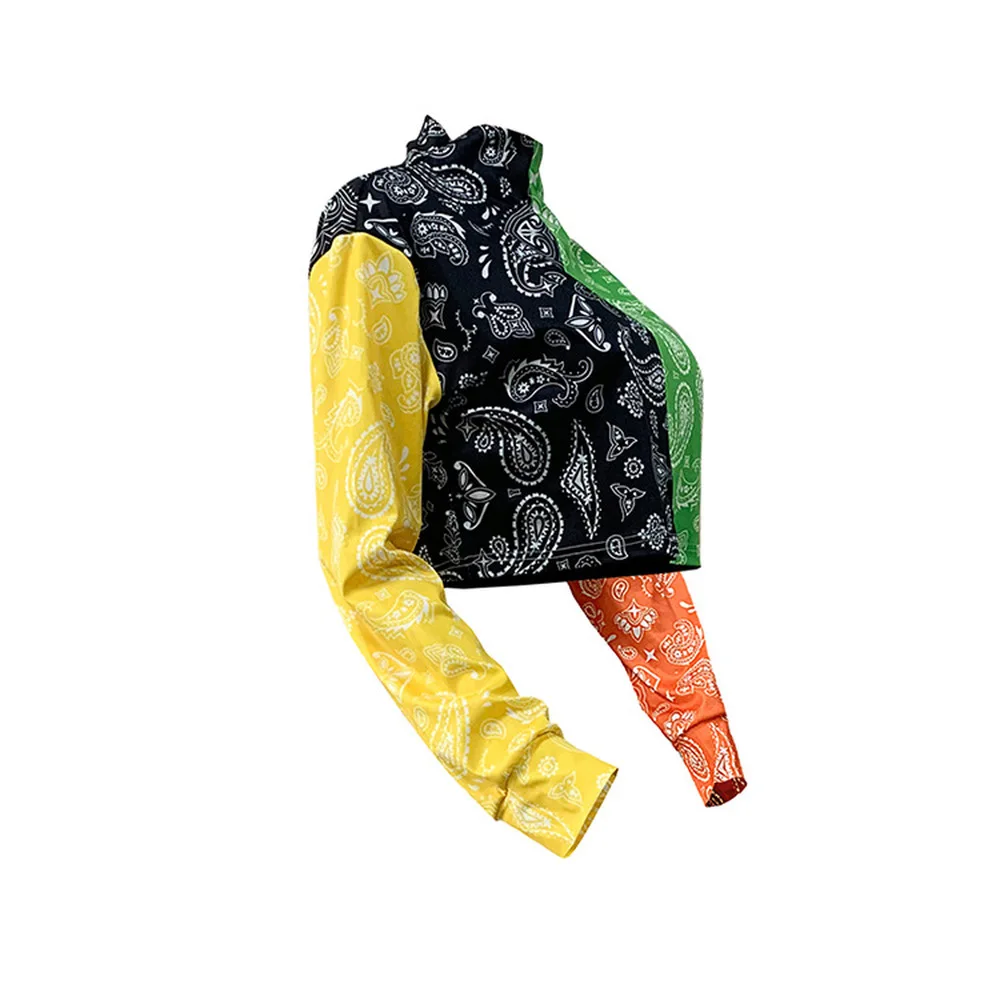 

Women Crop Tops Paisley Bandanna Print Streetwear Color Block Patchwork Loose T-shirts Hip Hop Female Night Club Party Tees