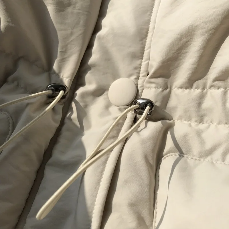 Korean Elegant Thick Cotton Coat Womens Outerwear Faux Rabbit Fur Lapel Warm Jackets Female Drawstring Waist Coats New Winter