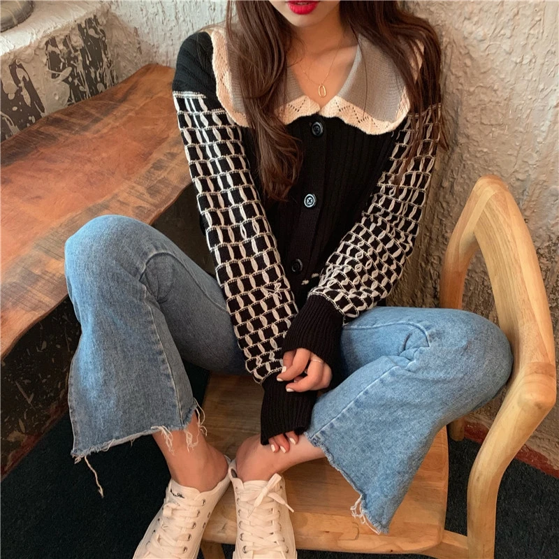 RealShe свитер кардиган для женщин Питер Пэн воротник пуговицы пэчворк женский 2019