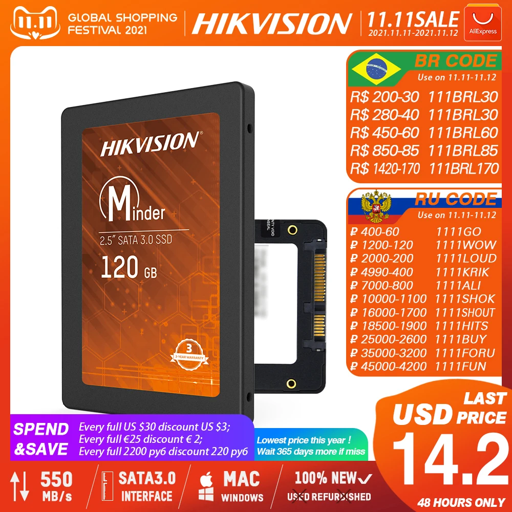 Hikvision SSD Solid State Disk 120GB 240GB 480GB 960GB 2.5inch SATA 3.0 550MB/s MAX 3D NAND for PC Laptop Mac Internal SSD Drive