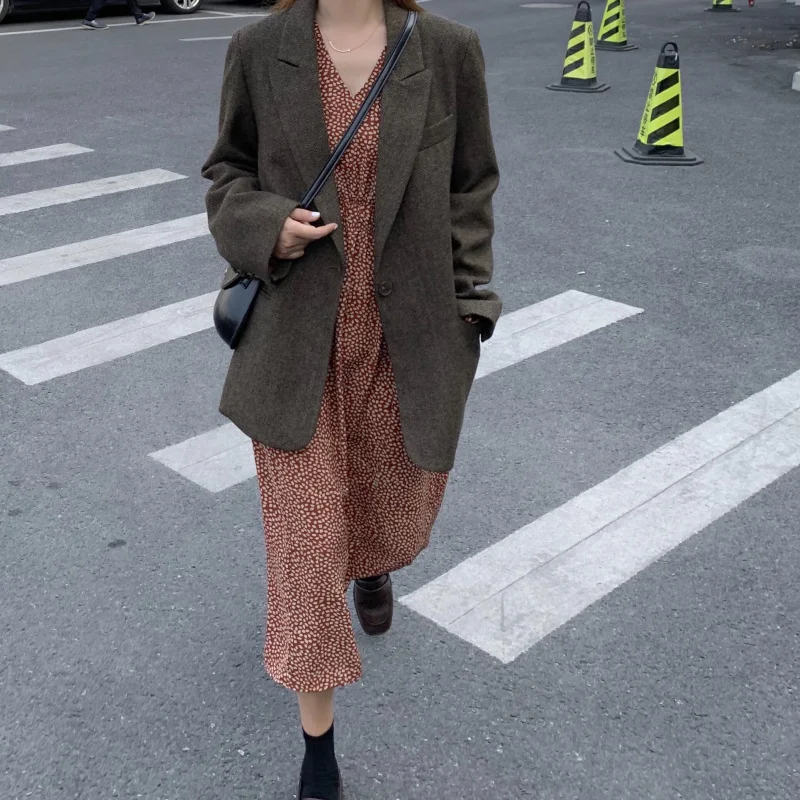 Модные осенние женские шерстяные блейзеры и куртки в полоску офисный женский