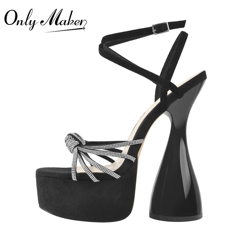 

Onlymaker Women Buckle Strap Round Toe Platform Ankle High Heel Patent Leather Crystal Decoration Butterfly-knot Summer Sandals