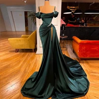 spaghetti strap stain evening dresses long 2021 green off the shoulder prom gowns mermaid side split custom vestido de fiesta