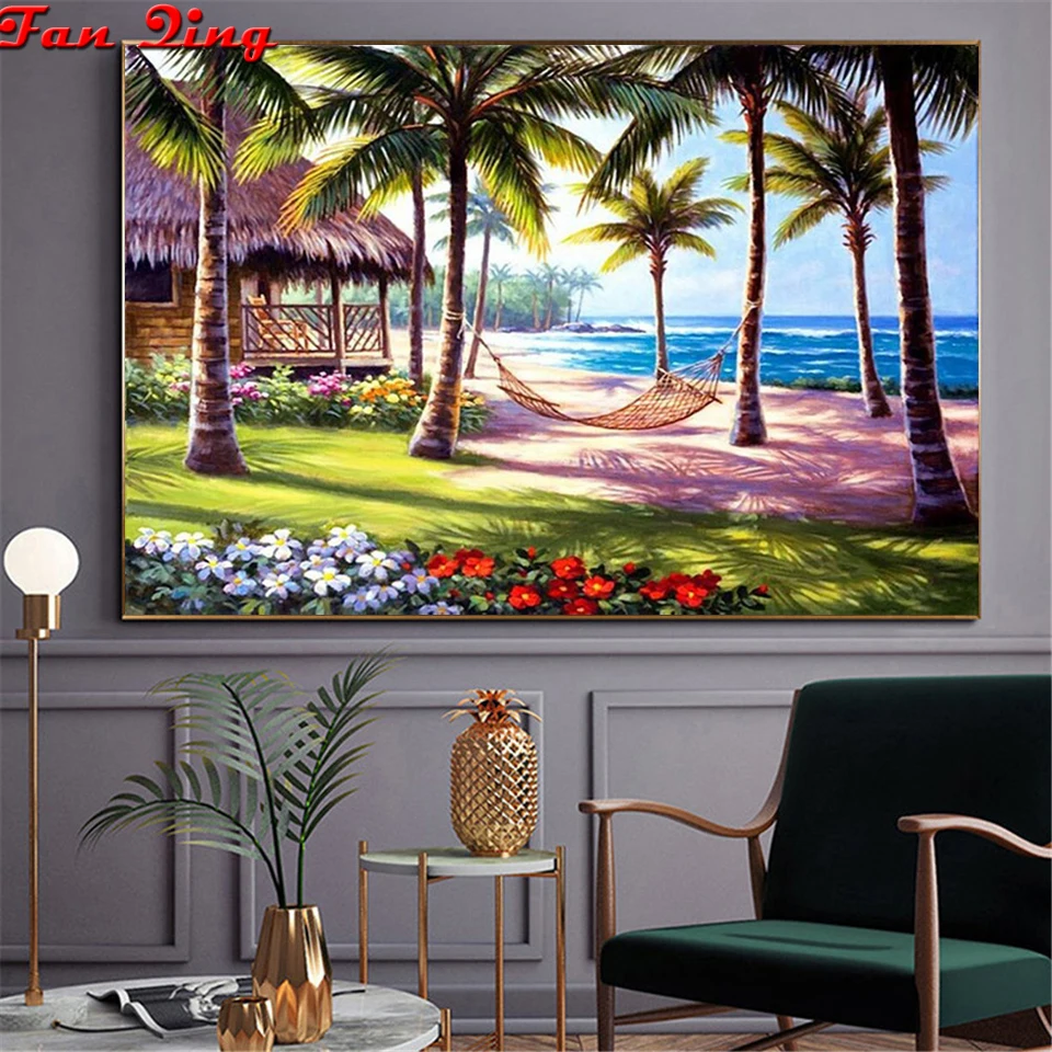 

Diamond Painting Landscape Coast Coconut Tree Picture of Rhinestones Diamond Mosaic Embroidery Scenery Wall Art Christmas Gift