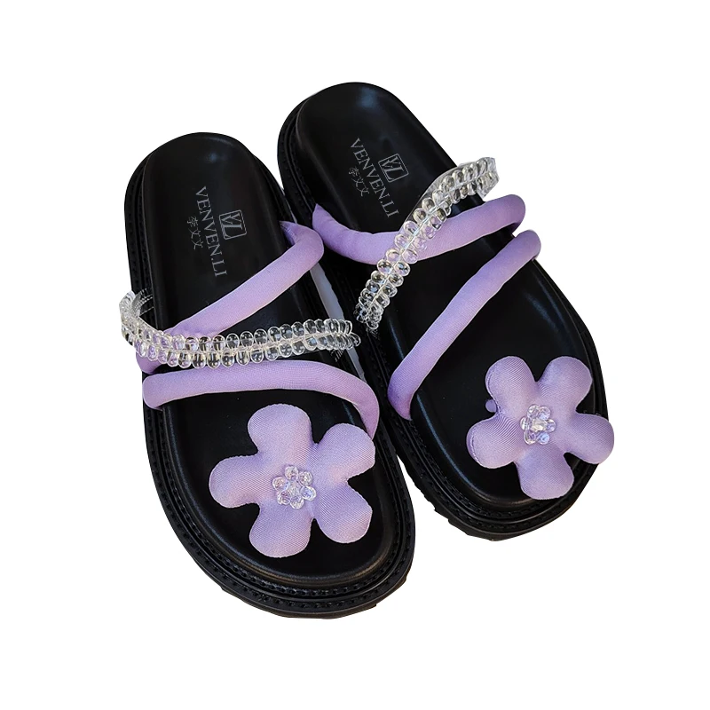 

Charei suddenly 3 cm high women's shoes, crystal diamond chain flower slippers fashion beach shoes home summer sandals with box