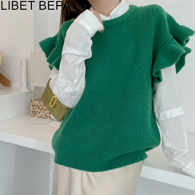 

New 2021 Autunm Winter Women Sweaters Pullovers Sleeveless Vest Waistcoat Vintage Ruffle Korean Sweet Lady Wild Tops SWV1541JX