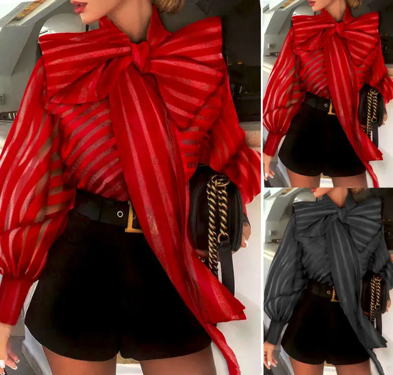

Women Fashion Lace Sparkle Mesh Sheer Casual Work Office Long Puff Sleeve Bow Tie Neck Tops Glitter Shirts Lace Up Slim T shirt