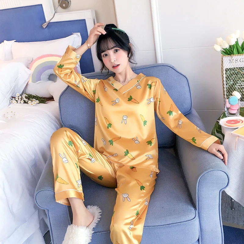 Осенняя Шелковая пижама с длинным рукавом для женщин pijama mujer, милый пижамный комплект с мультяшным принтом, домашняя одежда, длинные штаны, сексуальные пижамы