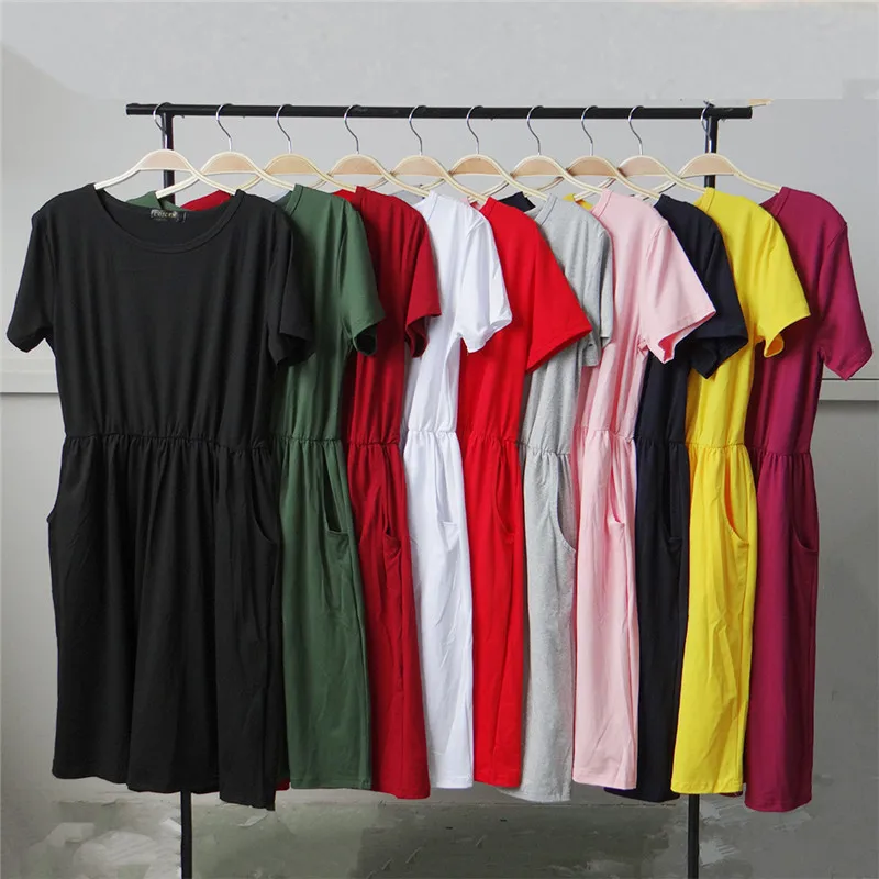 

Женское однотонное платье с круглым вырезом, коротким рукавом и большими карманами