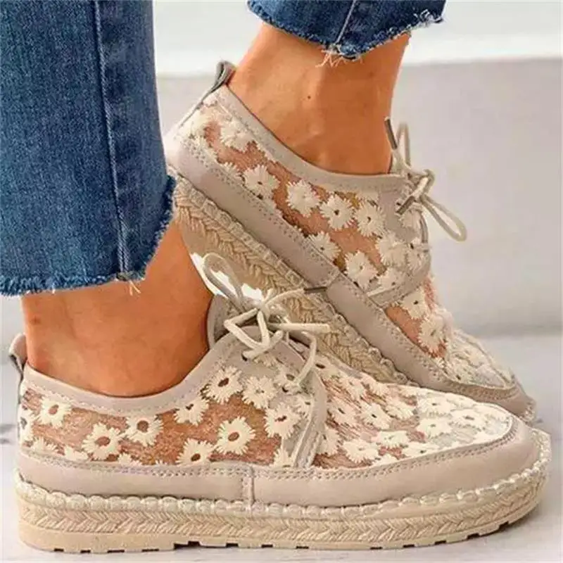 Women's Shoes Fashion Trend Daily Solid Color PU Stitching Lace Flower Lace Thick-soled Woven Comfortable Casual Shoes 6KF142