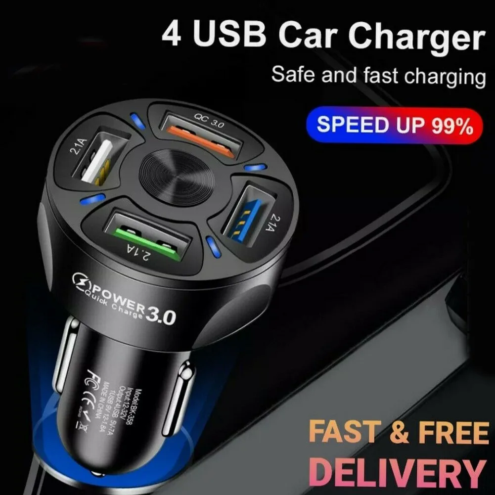 

USB Car Fast Charger Adapter White/black 4 Port USB Phone Car Charger Adapter LED Display QC 3.0 Car Fast Charging Accessory