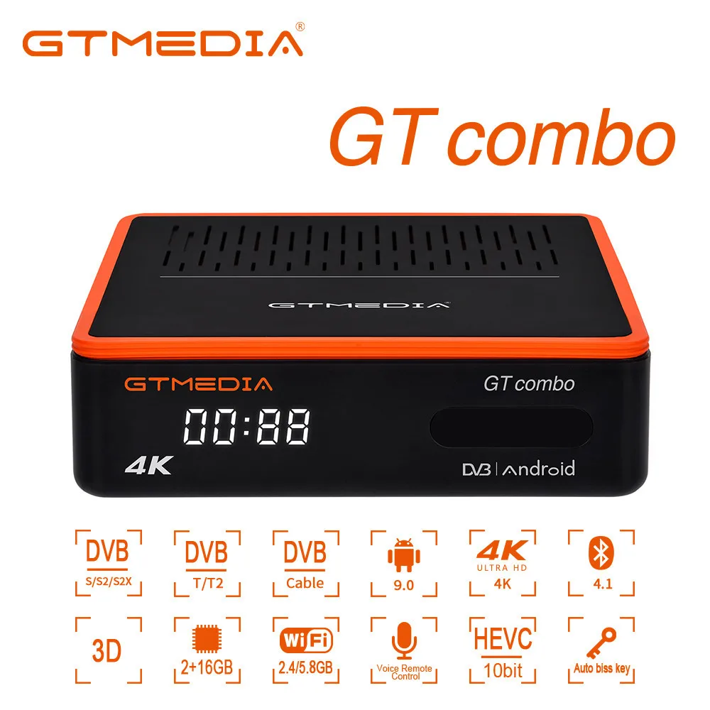 

GTMEDIA GT Combo DVB-S2X/T2/C 10Bit спутниковый ресивер 2G + 16G Quad Core 3D 8K Ultra Dual WiFi 2,4/5 ГГц Smart Android 9,0 TV BOX