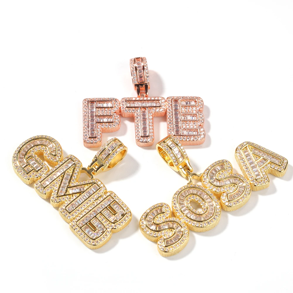 

UWIN Custom Charm Iced Cubic Zircon Small Baguette Initial Letters Pendant Necklace Words With 4mm CZ Tennis Chain Jewelry