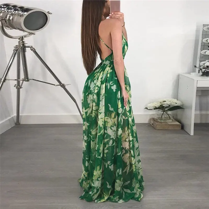 Летнее женское шифоновое макси-платье с открытой спиной Пляжное Платье в стиле