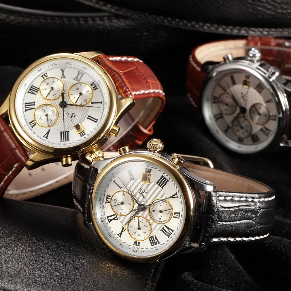 IMPERIAL KS Retro Skeleton 6 Hands Golden Case Luxury Brand Day Month Display Brown Leather Strap Men's Mechanical Watch / KS146