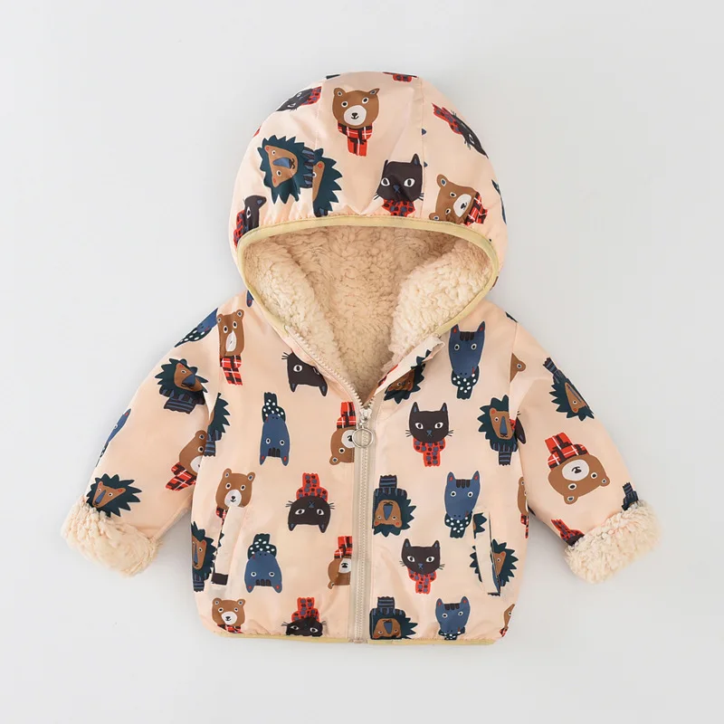 lion beige Scsech/Детская Вельветовая куртка для девочек с рисунком единорога и животных; Верхняя одежда с капюшоном; утепленное пальто для маленьких мальчиков; WJ34 - Цвет: lion beige