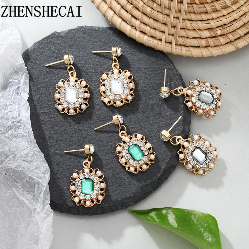 Винтажные женские серьги металлические Зеленые хрустальные богемные