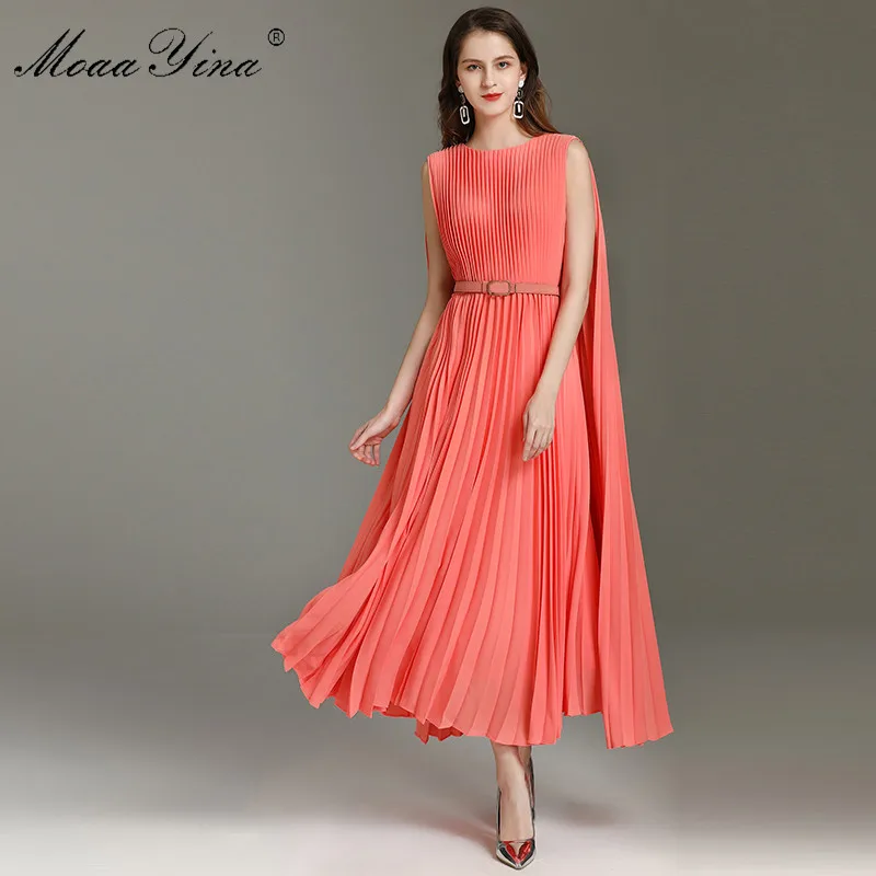 

MoaaYina Fashion Designer dress Spring Summer Women's Dress Belt Pleated Dresses