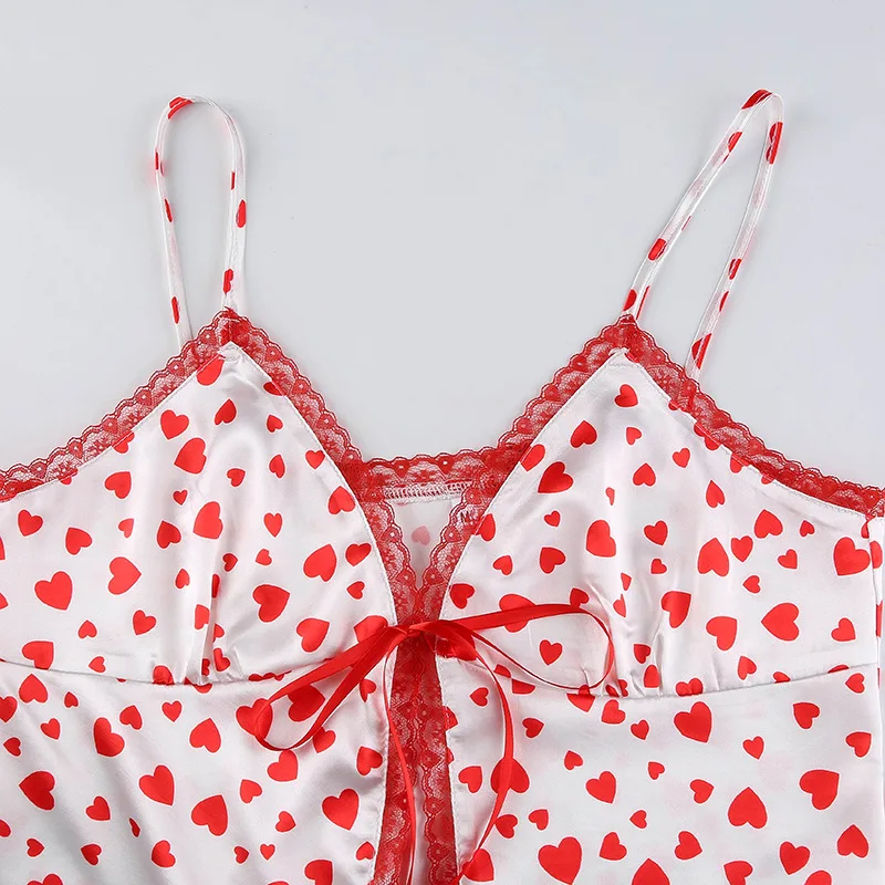 

Streetwear Heart Print Split Sexy Sleeveless Top Women Summer Tie Up V Neck Backless Y2K Crop Tops Tees Ladies Fashion Tie Up
