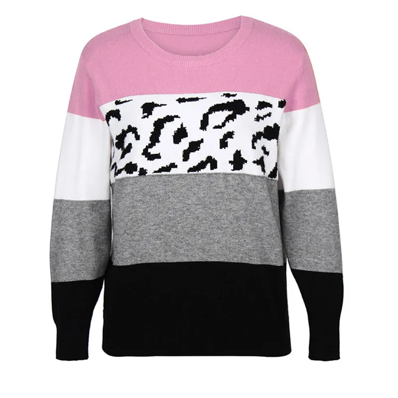 

Women Color Block Sweater Autumn and Winter Long Sleeve Round Neck Leopard Print Pullover Tops