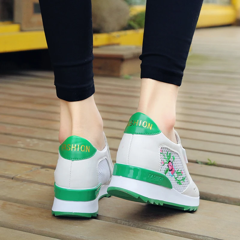 

New Women Wedge Ventilation Platform Sneakers PU Leather Shoes Pointed Toe Height Increasing Creepers Zapato Tenis De Mujer