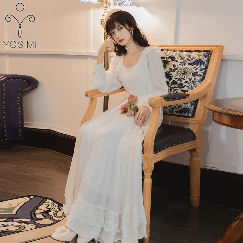 

Женское длинное платье YOSIMI, белое шифоновое элегантное кружевное платье до щиколотки с квадратным вырезом и длинным рукавом, красное плать...