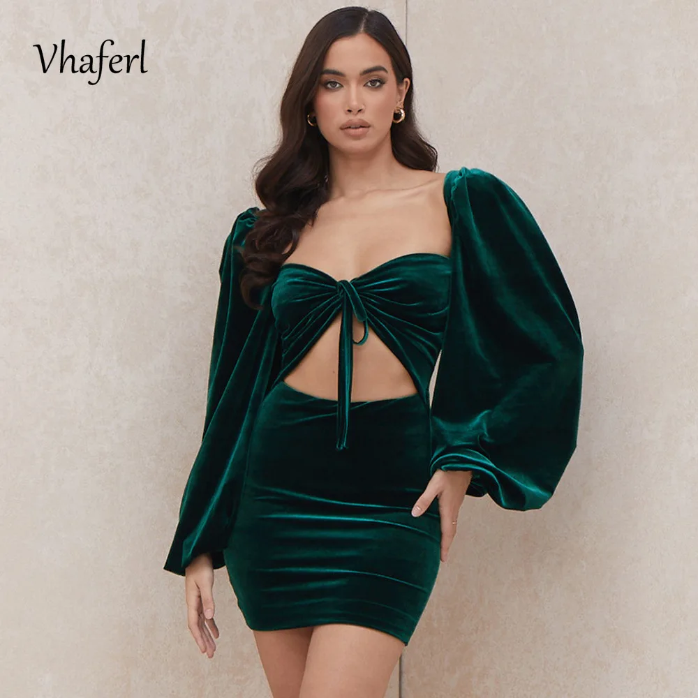 

Повседневное бархатное мини-платье Vhaferl для женщин, новинка 2021, сексуальные вечерние платья с V-образным вырезом и рукавами-фонариками, модн...