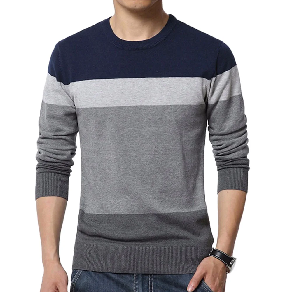 

Jersey informal para hombre, ropa de punto ajustada a rayas con cuello redondo, suéteres para hombre de otoño 2020, jersey para