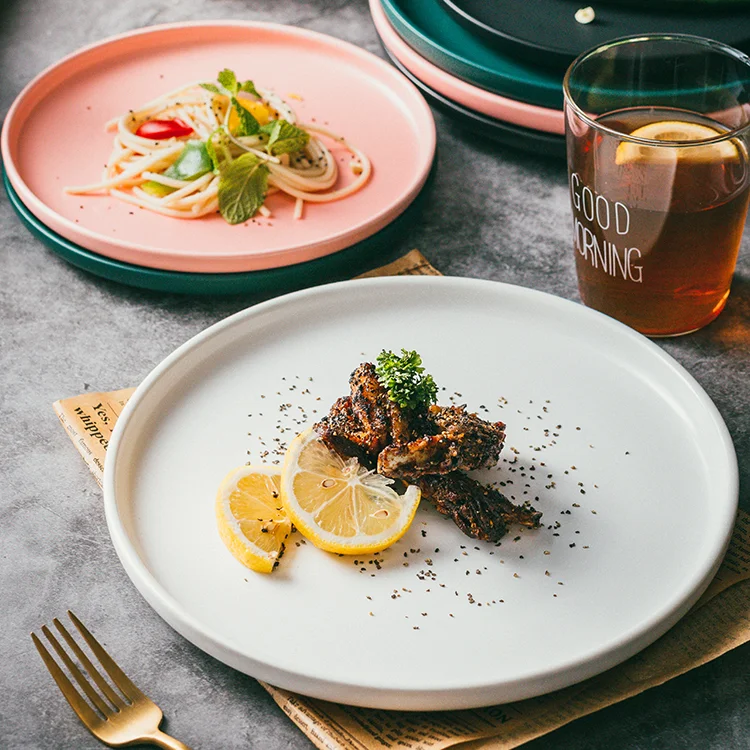 

Ceramic Flat Dinner Plates Steak Dessert Modern Western Round Household Dinner Plates Korean Art Assiette Dinnerware DE50PZ