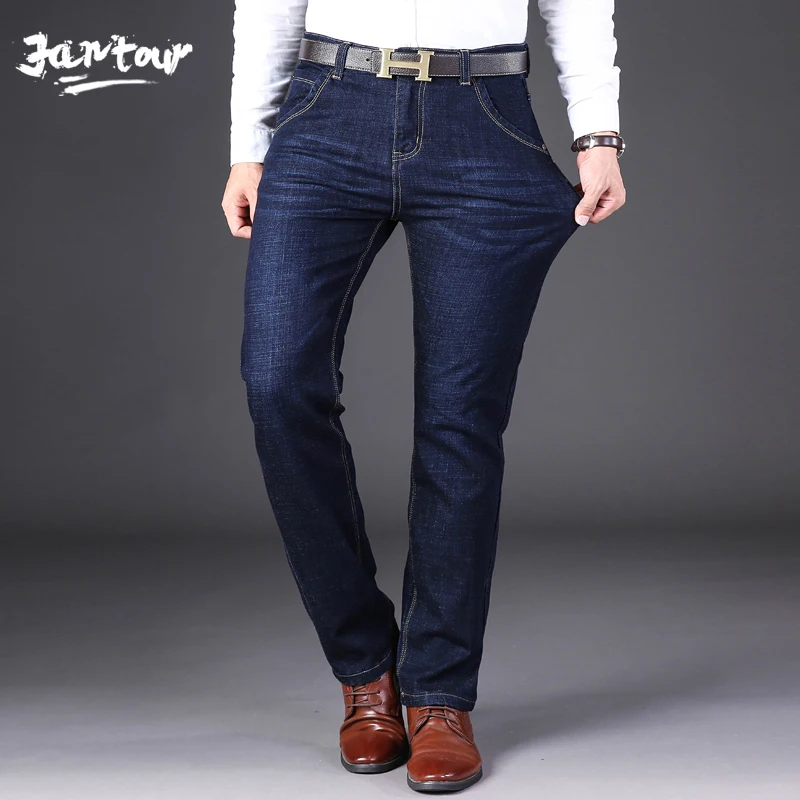 Зимние Бизнес повседневные джинсы мужские черные прямые Стрейчевые хорошего качества брендовые длинные