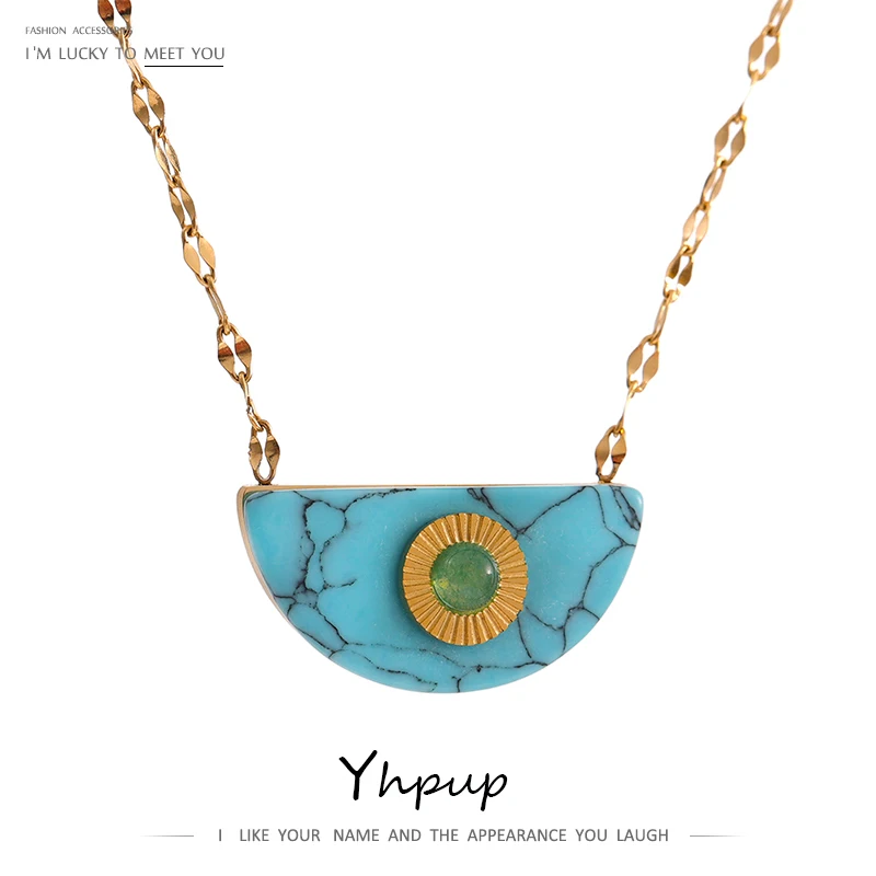 Yhpup Нержавеющая сталь Синий Камень Подвеска Ожерелье Вентилятор Геометрическая Короткая Цепочка Водонепроницаемое Воротник для Женщин Бижутерия Фемме